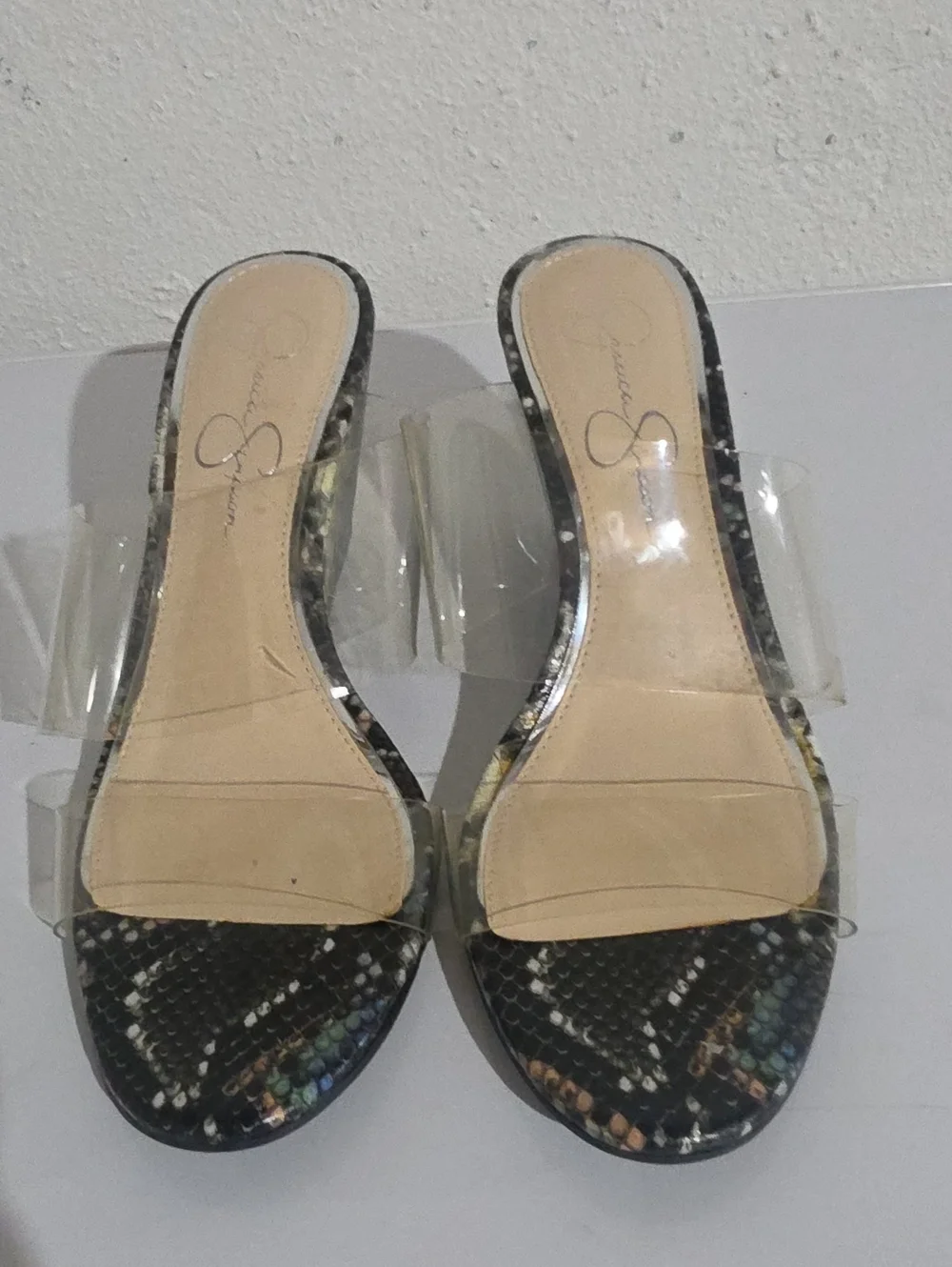 Jessica Simpson Clear Strap Snake-Print Wedge Sandals - Black/Beige